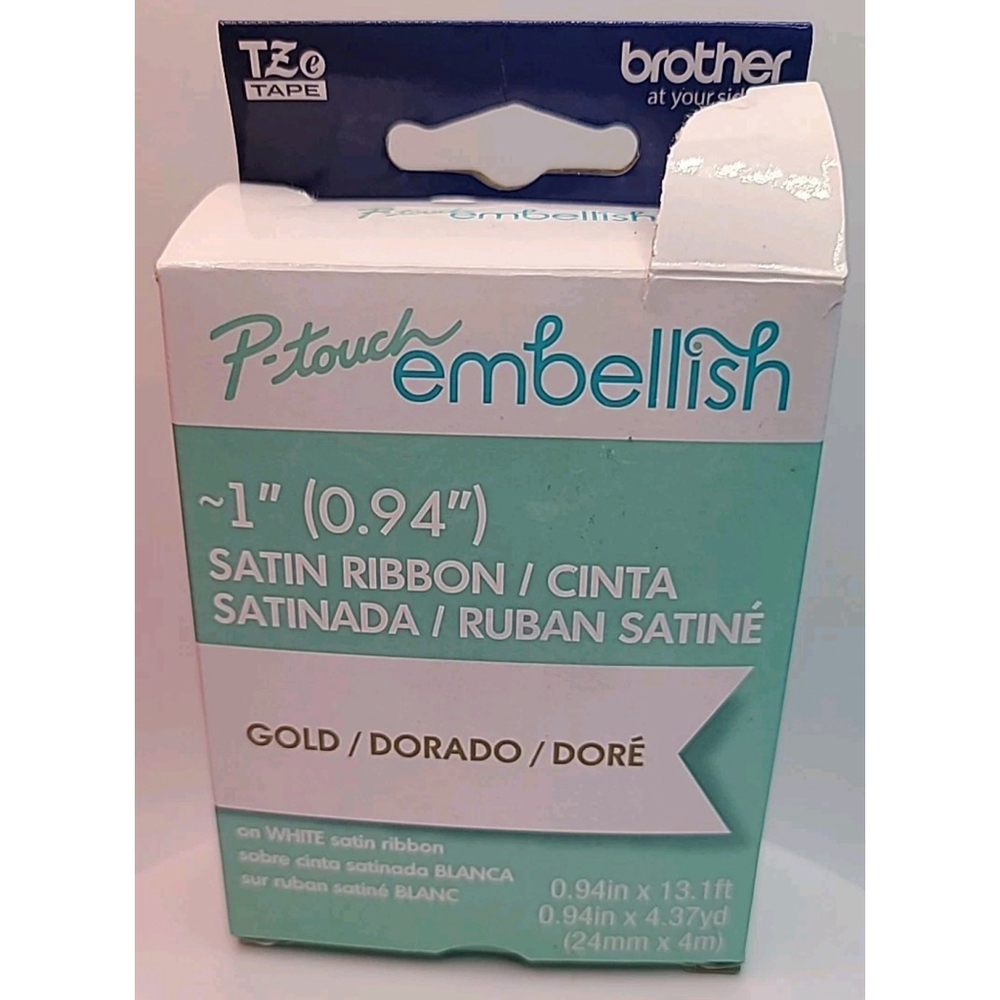 Brother P-Touch Embellish ~1" (0.94") Gold On White Satin Ribbon TZe-R254 OEM